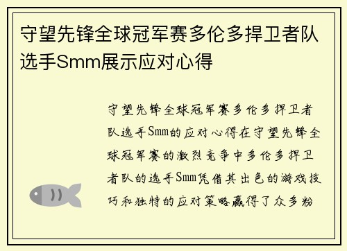 守望先锋全球冠军赛多伦多捍卫者队选手Smm展示应对心得